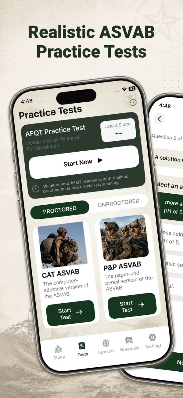 Practice Tests screen with AFQT Practice Test, CAT-ASVAB and P&P ASVAB