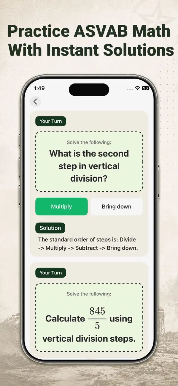 ASVAB math practice with instant step-by-step solutions